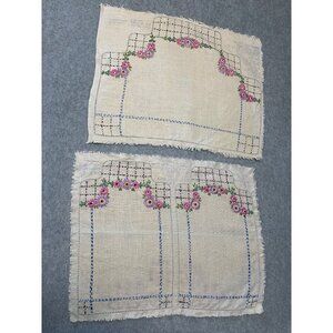 Vintage Hand-Embroidered Linen Doilies with Floral Design Unfinished Edges Set o